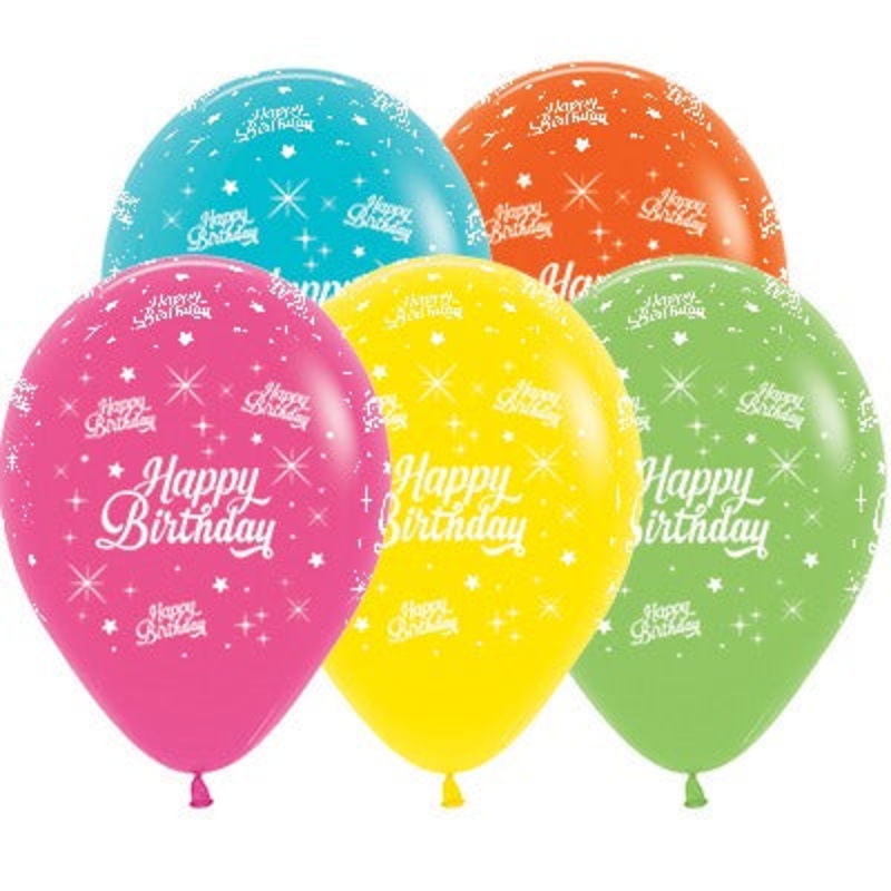 Happy Birthday Twinkling Stars Tropical Assorted Latex Balloons, 30cm  25PK