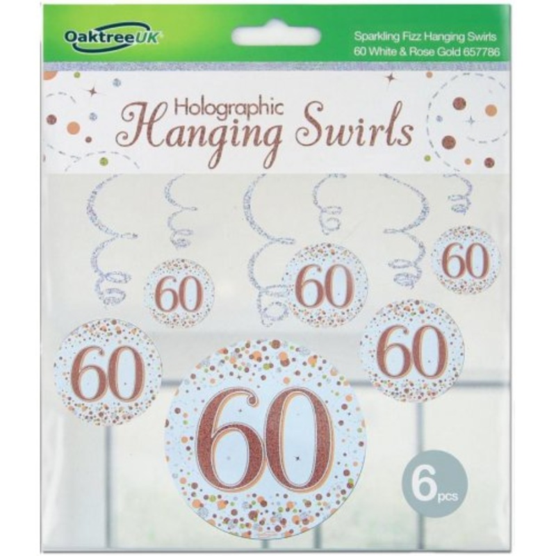 Sparkling Fizz Happy 60th Birthday Rose Gold Hanging Swirl Pack 6