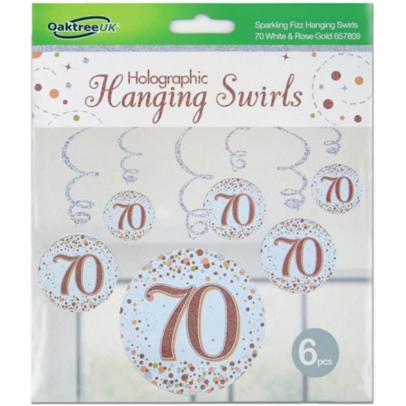Sparkling Fizz Happy 70th Birthday Rose Gold Hanging Swirl Pack 6