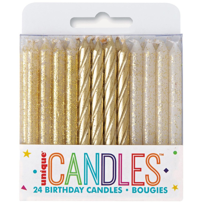 24 Gold & Gold Glitter Assorted Spiral Candles