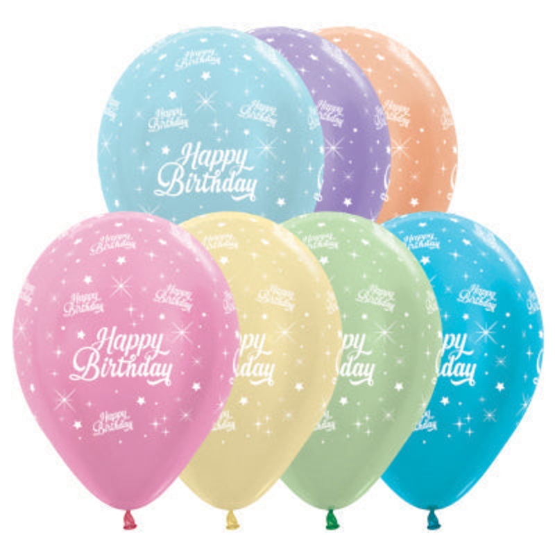 Happy Birthday Twinkling Stars Satin Pearl Assorted Latex Balloons 30cm