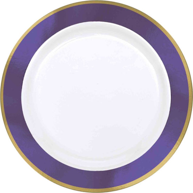 Premium Plastic Plates 25cm White With New Purple Border 10pk