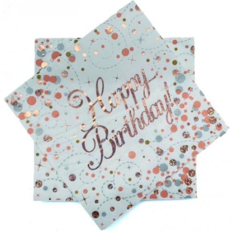 Rose Gold Napkin Happy Birthday 33cm 16pk