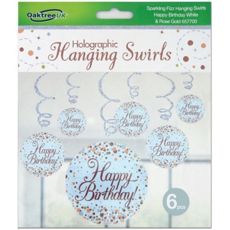 Sparkling Fizz Happy Birthday Rose Gold Hanging Swirl Pack 6