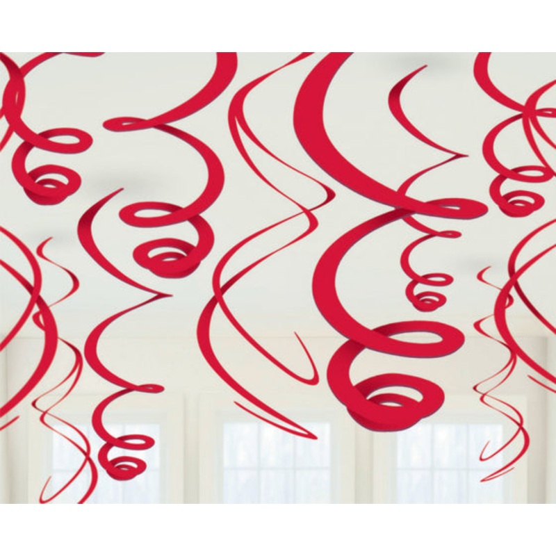 PLASTIC SWIRL DECORATIONS - APPLE RED 12pk 56cm