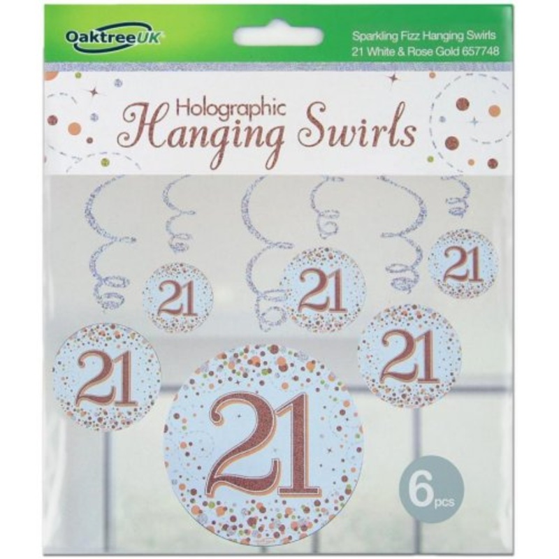 Sparkling Fizz Happy 21st Birthday Rose Gold Hanging Swirl Pack 6