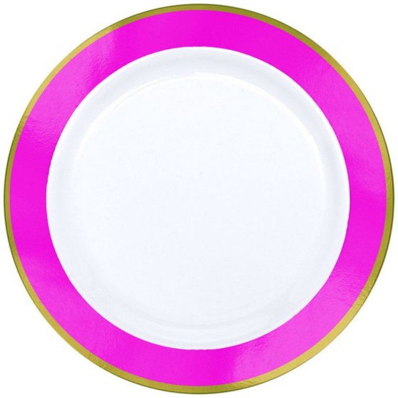 Premium Plastic Plates 19cm White With Bright Pink Border 10pk