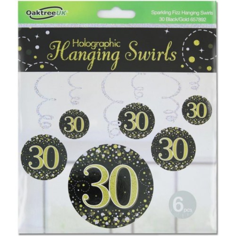 Sparkling Fizz Happy 30th Birthday Black/Gold Hanging Swirl Pack 6