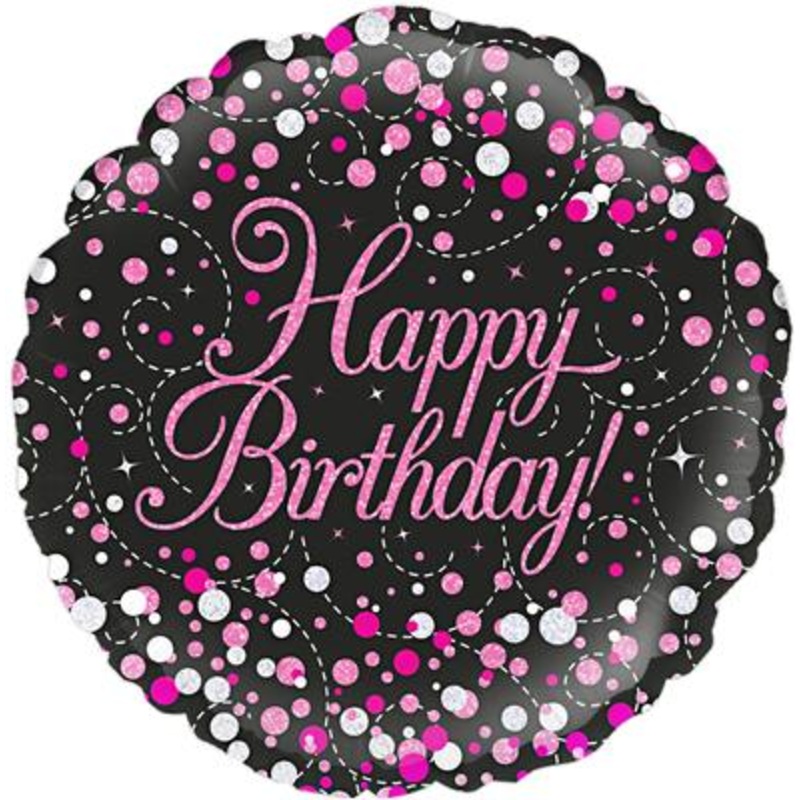 Sparkling Fizz Black & Pink Happy Birthday Round Foil Balloon