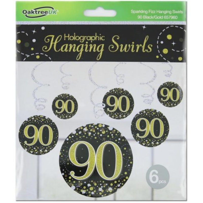 Sparkling Fizz Happy 90th Birthday Black/Gold Hanging Swirl Pack 6