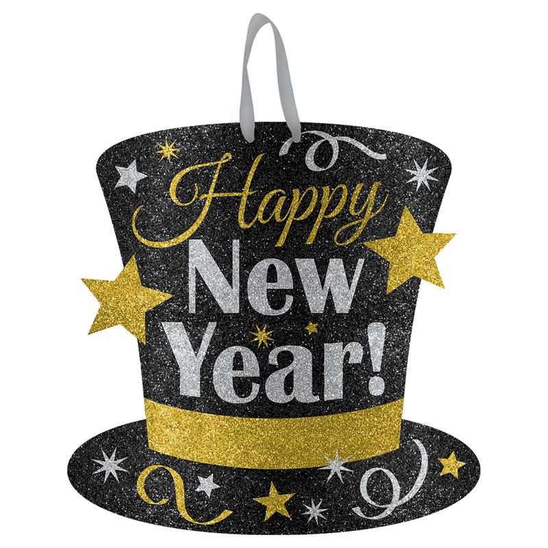 Happy New Year Value Sign w/ Glitter&Ribbon Hanger 11.5in