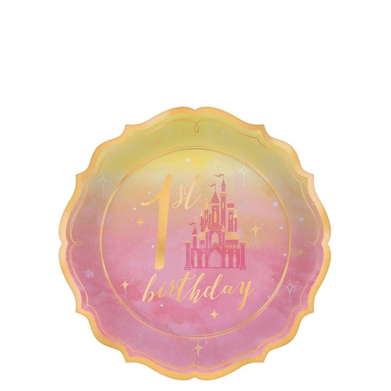 1st Birthday Princess Metallic Shaped Paper Plates 7in, 8pcs