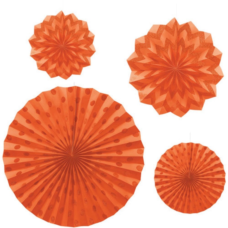 Orange Peel Dots & Chevron Glitter Paper Fans 4pcs