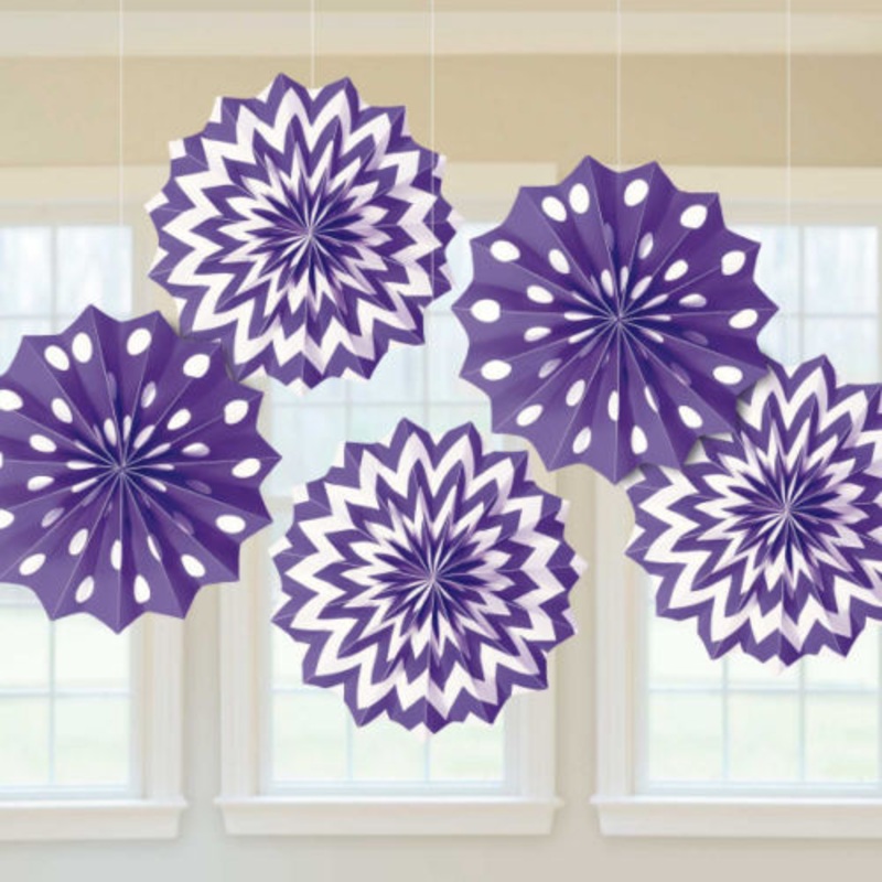 New Purple Dots and Chevron Printed Paper Fan 8in 5pcs