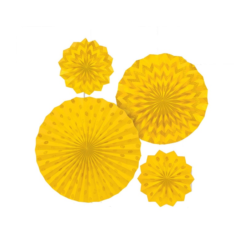 Yellow Sunshine Dots & Chevron Glitter Paper Fans 4pcs