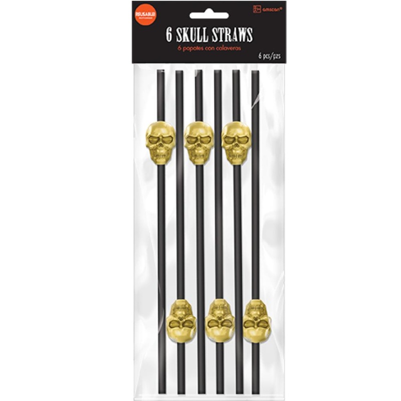 Skull Reusable Plastic Straws 11in, 6pcs