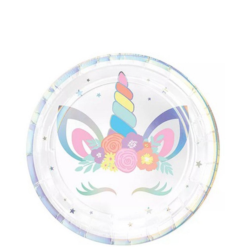 Unicorn Party Round Iridescent Paper Plates 7in, 8pcs