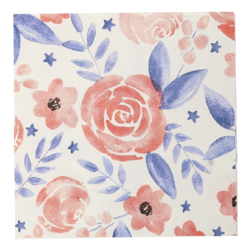 Red and Blue Watercolor Floral Paper Cocktail Napkin
