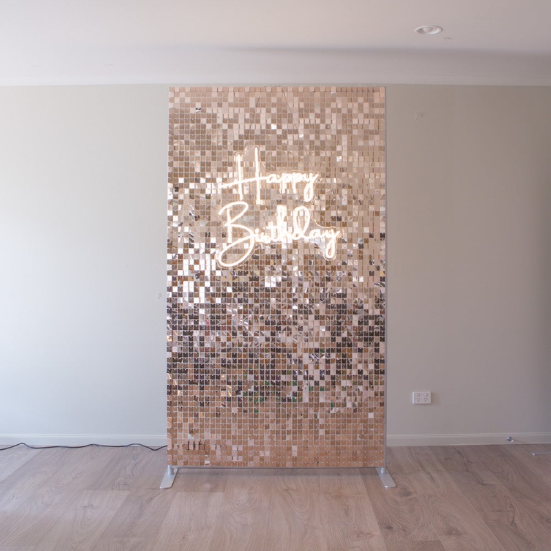 Shimmer Wall with Happy Birthday Neon Light