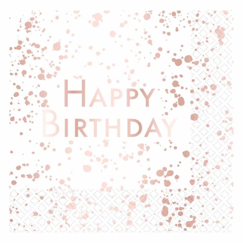 White and Rose Gold Happy Birthday Lunch Napkins (PK16)