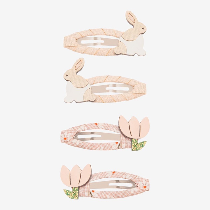 4 barrettes lapins et fleurs