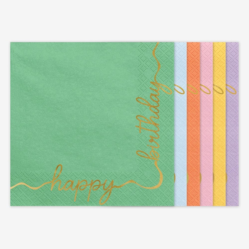 Serviettes en papier : 12 serviettes happy birthday multicolores