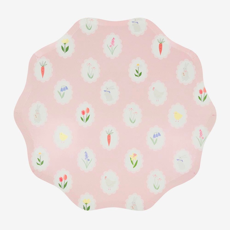 Pques - Assiette en carton : 8 assiettes roses lapins