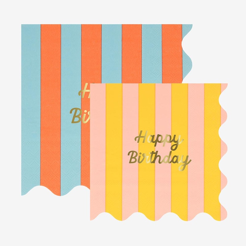 Serviettes en papier : 16 serviettes Happy Birthday rayures