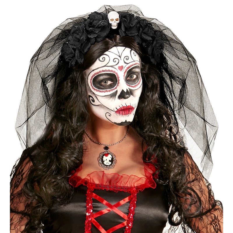 6 Black Roses Headband with Skull and Veil