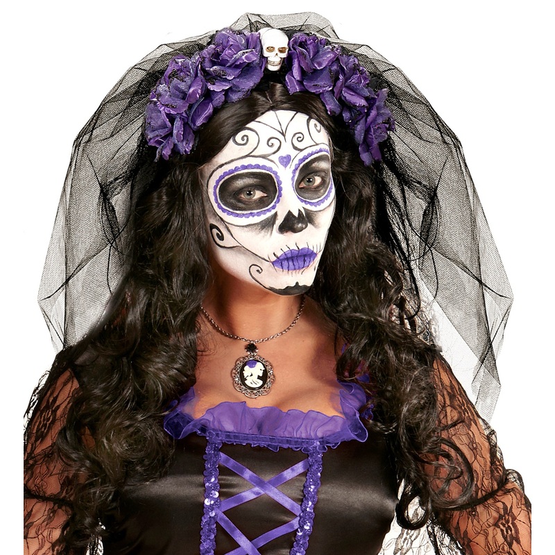 Purple Roses Headband with Skull and Veil