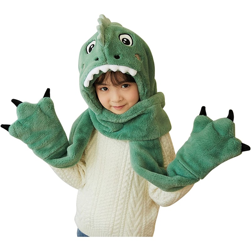 Plush Green Dinosaur Hat Scarf and Mittens Set