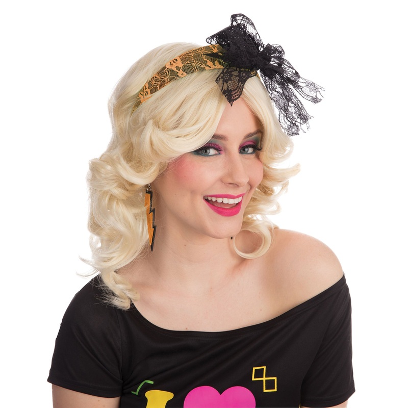80's Style Lacey Neon Bow Headband Orange