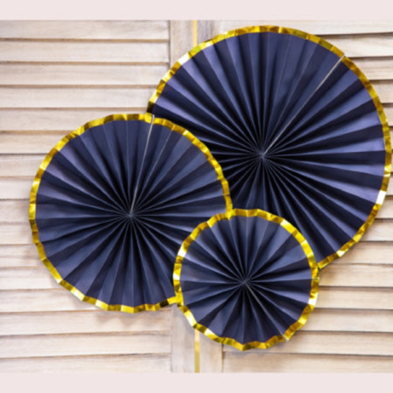 Luxury Navy Rosette Fans with Gold Edge (3 Pack)