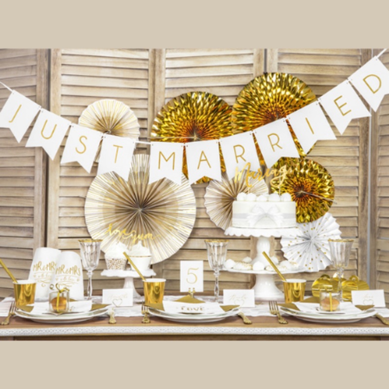 White and Gold Just Married Bunting