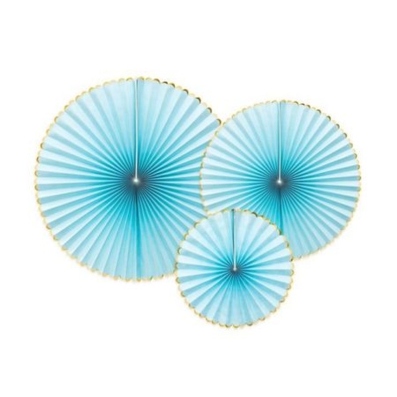 Pale Blue Rosette Fans with Gold Border (3 Pack)