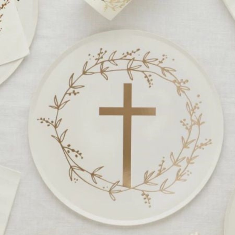 White and Gold Cross Plates (8 Pack)