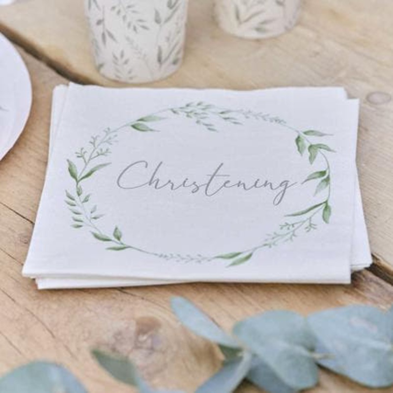 White and Green Christening Napkins (16 Pack)