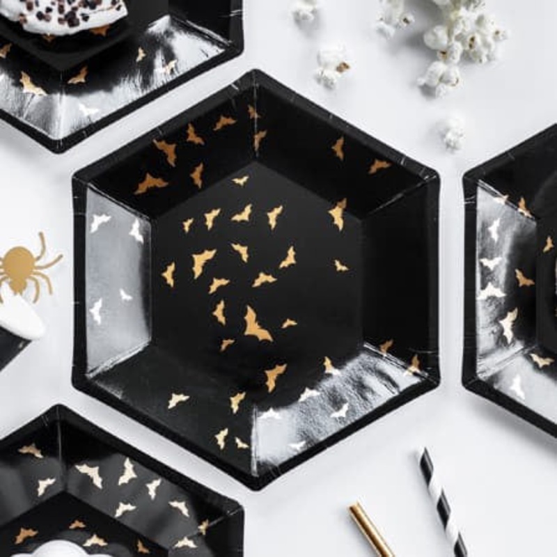 Halloween Black Plates with Gold Bats