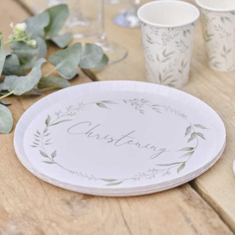 White and Green Christening Plates (8 Pack)