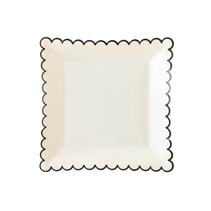 White With Black Edge Scalloped Large Plates (Set of 8)