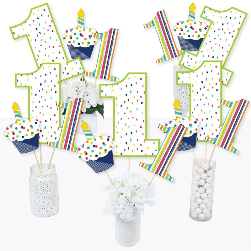 1st Birthday - Cheerful Happy Birthday - Colorful First Birthday Party Centerpiece Sticks - Table Toppers - Set of 15