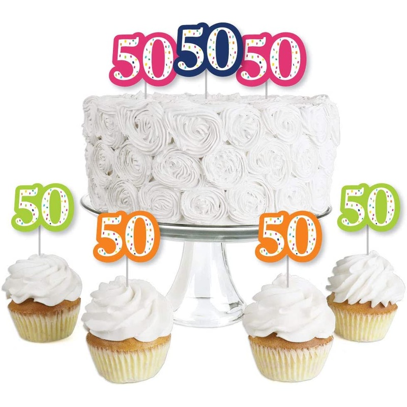 50th Birthday - Cheerful Happy Birthday - Dessert Cupcake Toppers - Colorful Fiftieth Birthday Party Clear Treat Picks - Set of 24