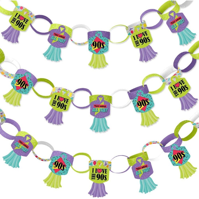 90s Throwback - 90 Chain Links and 30 Paper Tassels Decoration Kit - 1990s Party Paper Chains Garland - 21 feet