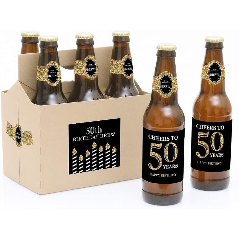 Adult 50th Birthday - Gold - Birthday Party Decorations for Women and Men - 6 Beer Bottle Label Stickers and 1 Carrier