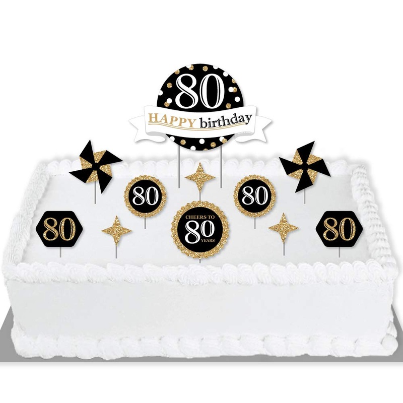 Adult 80th Birthday - Gold - Birthday Party Cake Decorating Kit - Happy Birthday Cake Topper Set - 11 Pieces