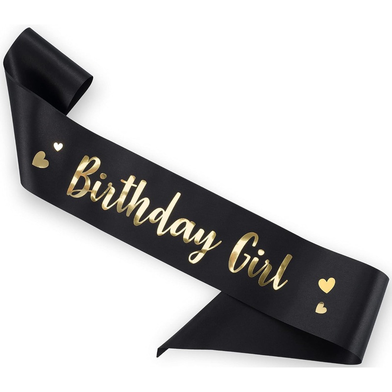 'Birthday Girl' Sash with Gold Foil - Soft Satin Black Sash