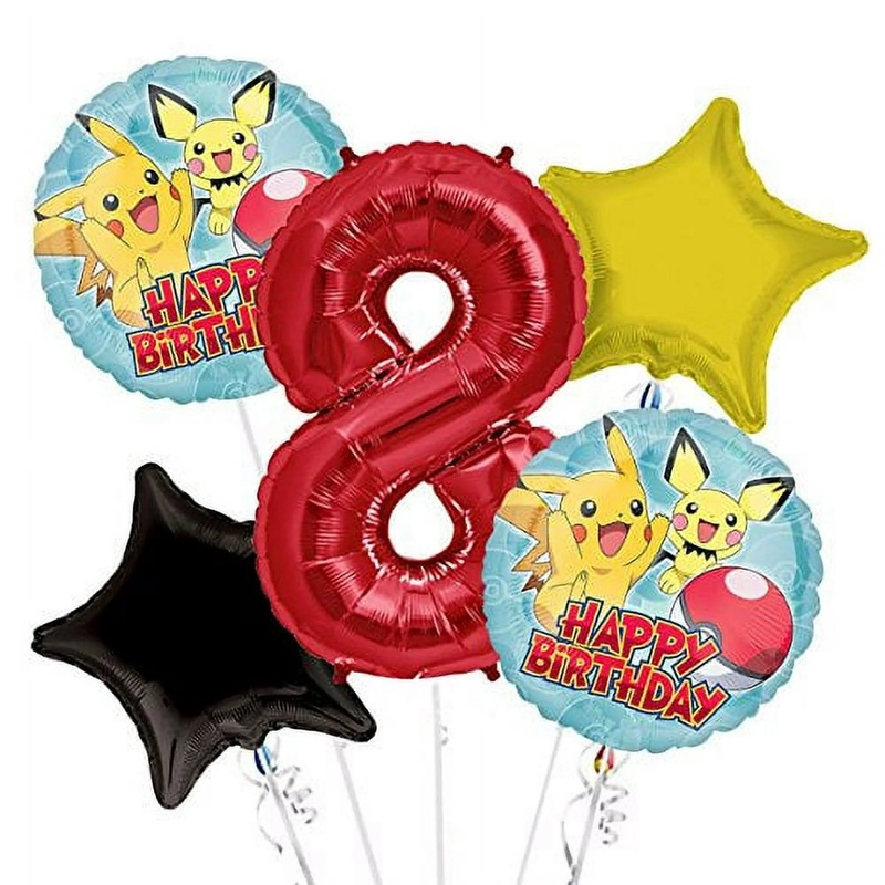 Pokemon Pikachu Happy Birthday Balloon Bouquet - 5 Balloons - With Helium