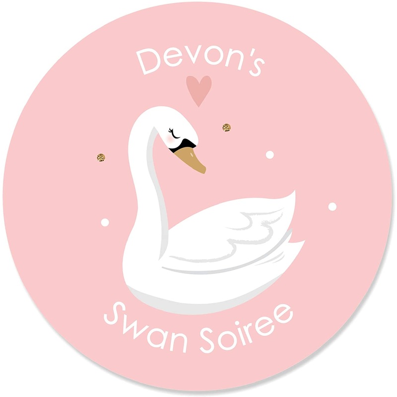 Swan Soiree - Custom White Swan Baby Shower or Birthday Party Favor Circle Sticker Labels - Custom Text - 24 Count