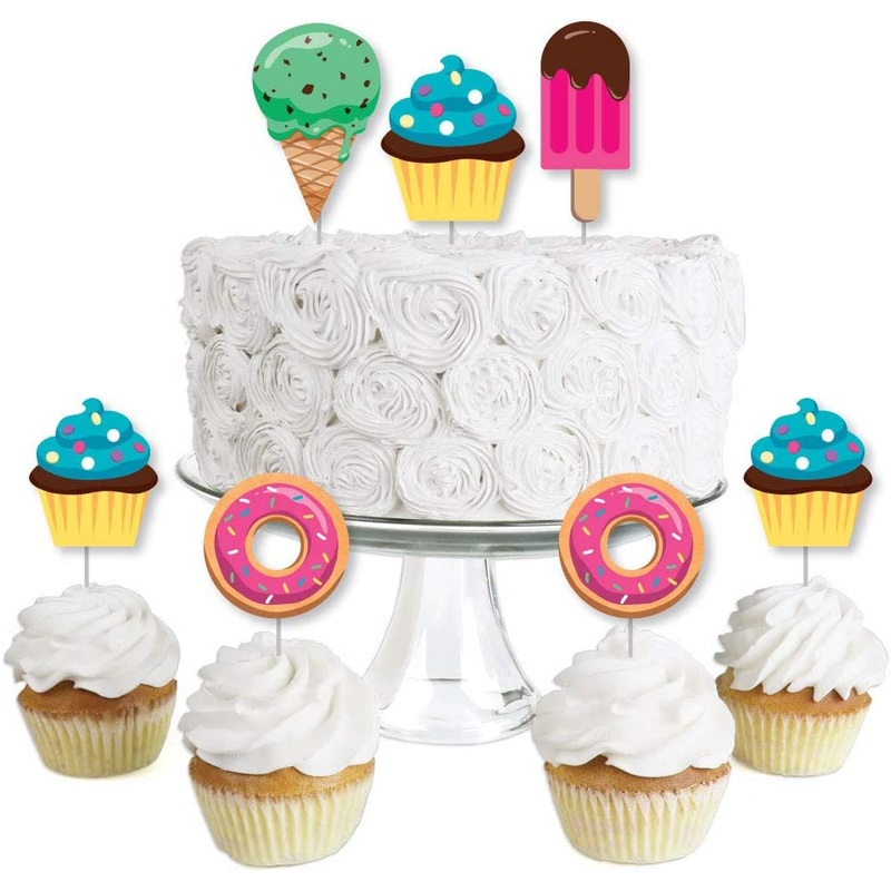 Sweet Shoppe - Dessert Cupcake Toppers - Candy and Bakery Birthday Party or Baby Shower Clear Treat Picks - Set of 24