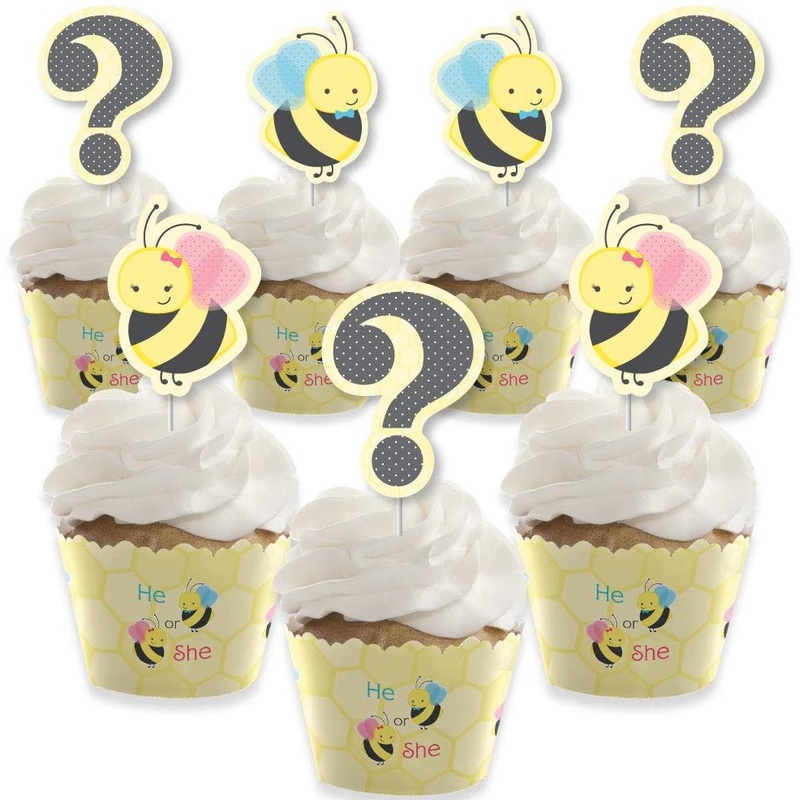 What Will it Bee - Cupcake Decoration - Gender Reveal Cupcake Wrappers and Treat Picks Kit - Set of 24